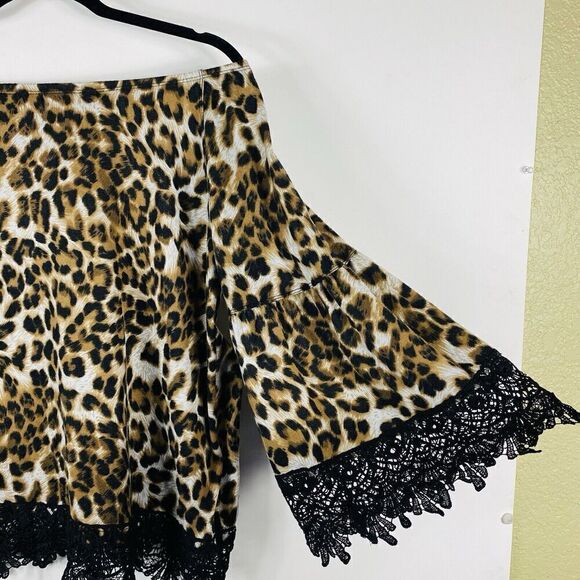 Ali Miles Size Large Animal Print Lace Trim Off Shoulder Top Brown Black Leopard - Picture 3 of 5